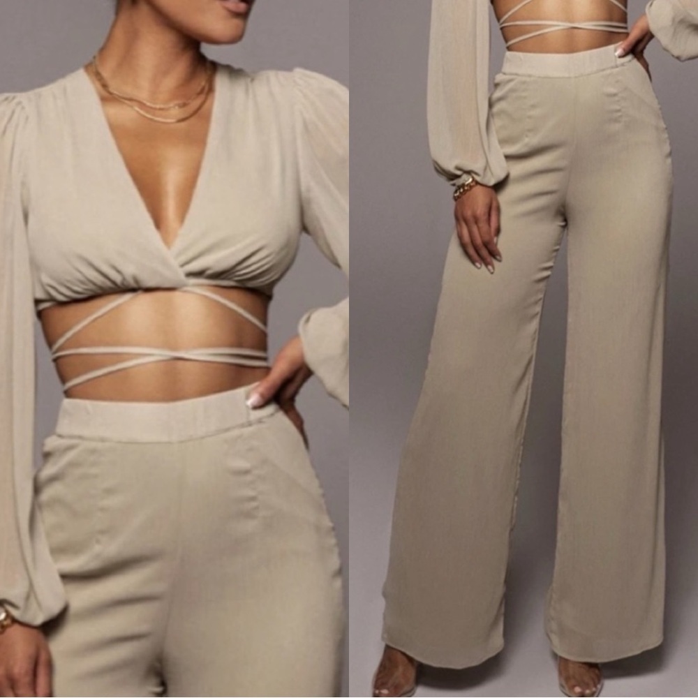 JLUXLABEL Two Piece Olive Green Sage Wrap Wide Leg Set